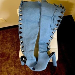 Blue jean thigh high boots